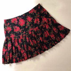 Red Pink Floral Skater Pleated Drop Waist Mini Skirt